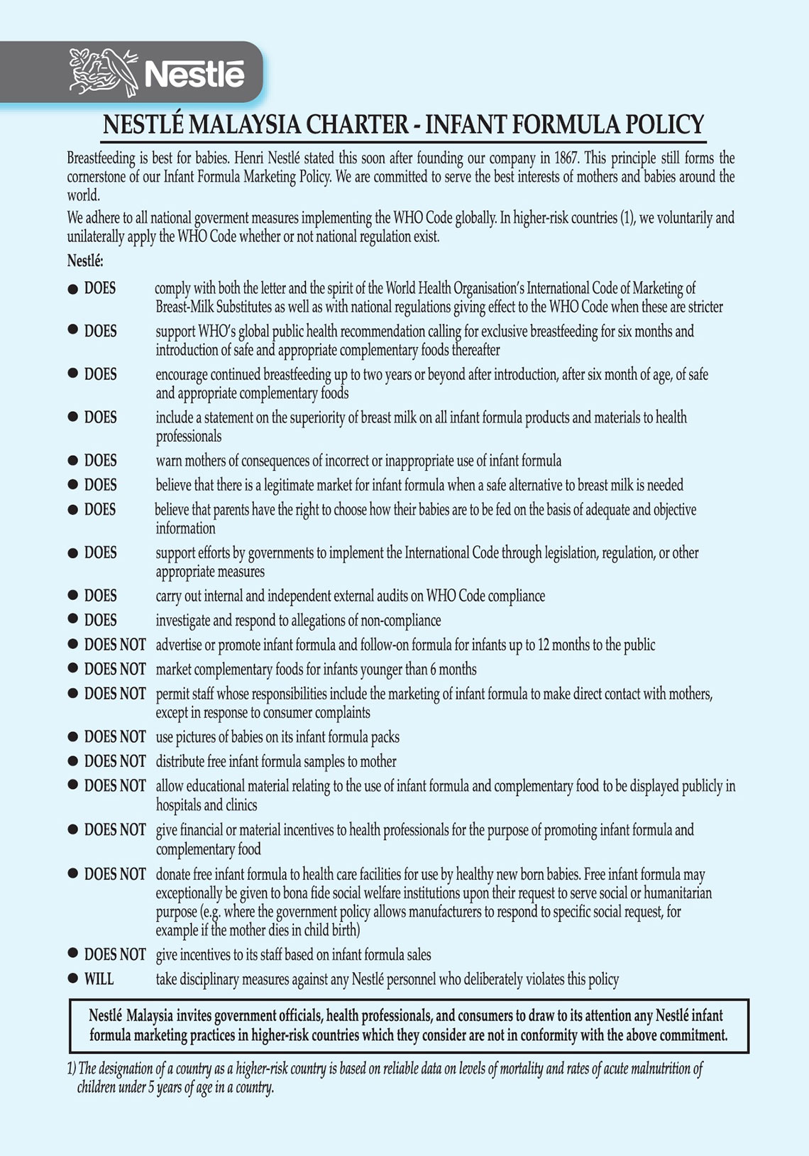 NESTLÉ MALAYSIA CHARTER - Infant Formula Policy